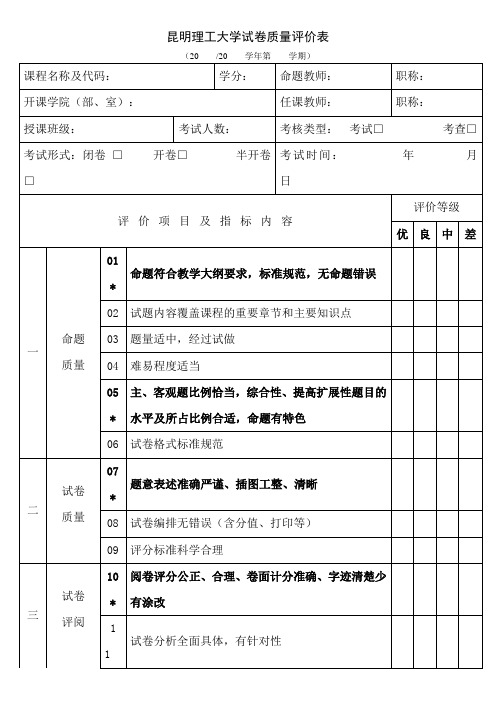 昆明理工大学试卷质量评价表