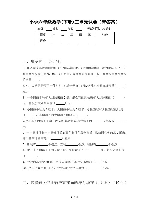 小学六年级数学(下册)三单元试卷(带答案)