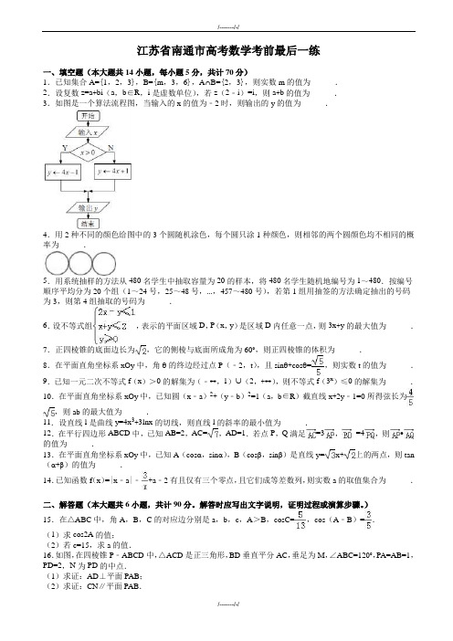 2020届江苏省南通市高考数学考前最后一练试卷(有答案)(加精)