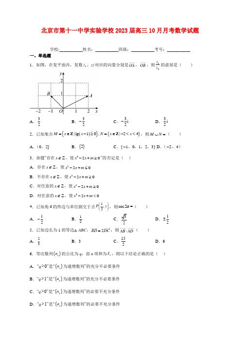 北京市第十一中学实验学校2023届高三10月月考数学试卷及答案