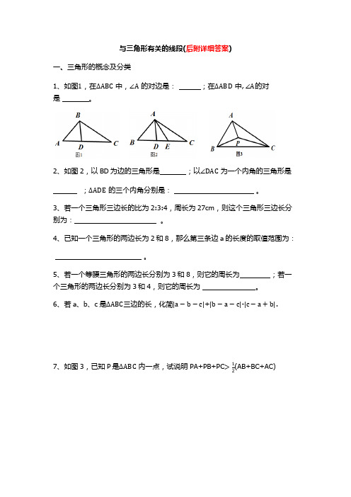 八年级数学上册三角形(与三角形有关的线段专项小练习)(后附详细答案)