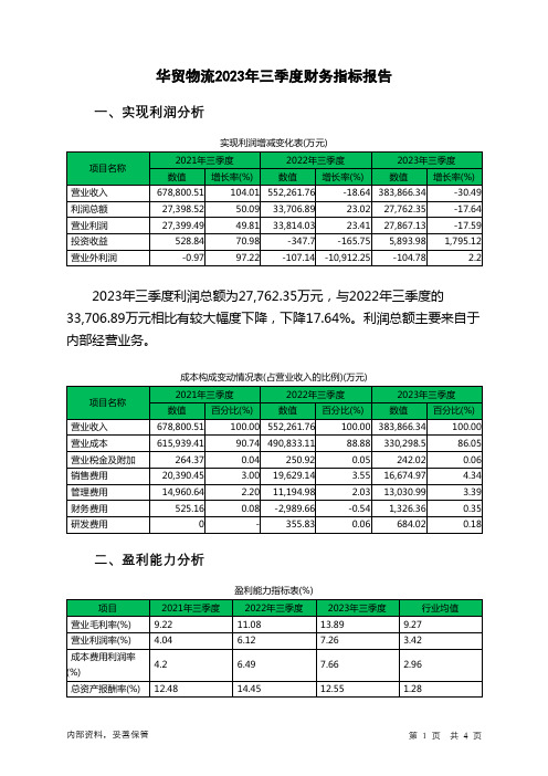 603128华贸物流2023年三季度财务指标报告