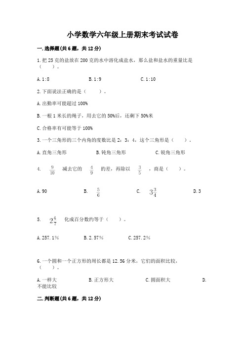 小学数学六年级上册期末考试试卷加精品答案(1)