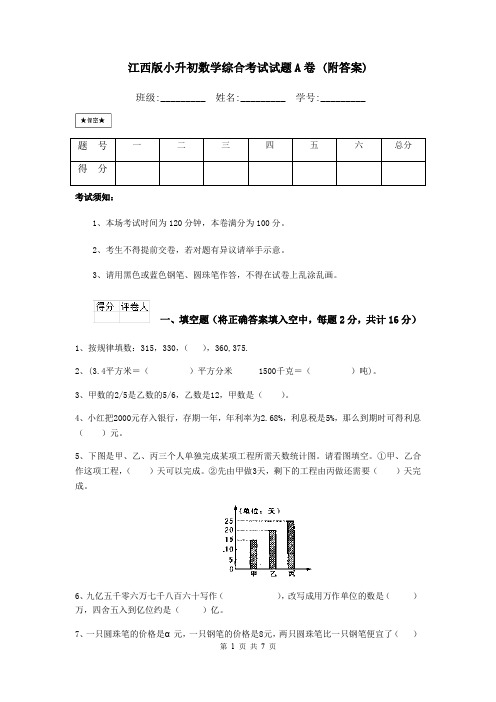 江西版小升初数学综合考试试题A卷 (附答案)