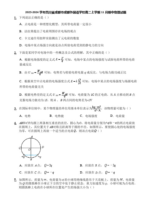 2023-2024学年四川省成都市成都外国语学校高二上学期11月期中物理试题