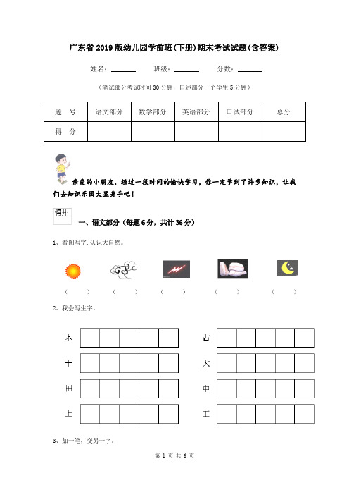 广东省2019版幼儿园学前班(下册)期末考试试题(含答案)