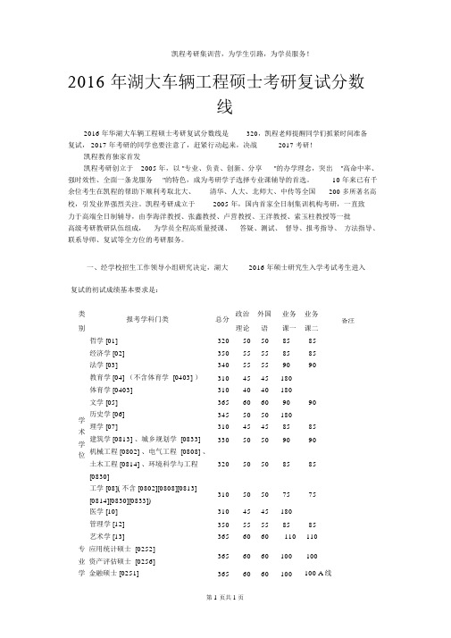 2016年湖大车辆工程硕士考研复试分数线
