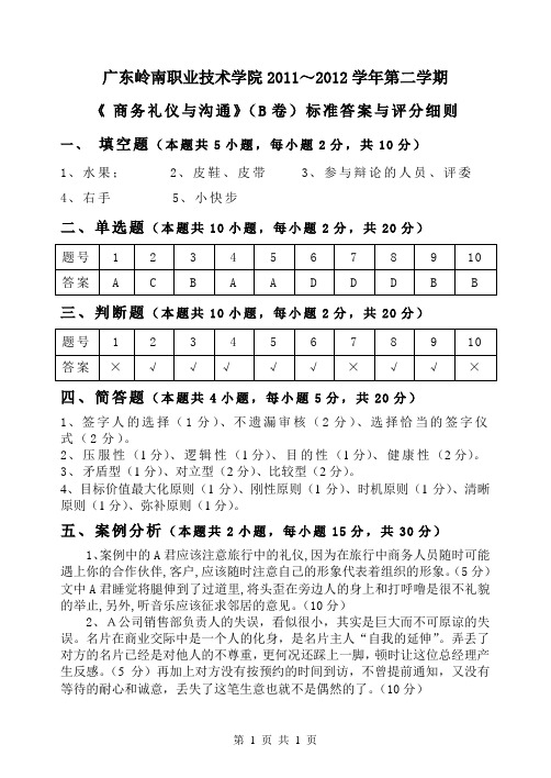 《商务礼仪与沟通》B卷标准答案与评分细则 (1)