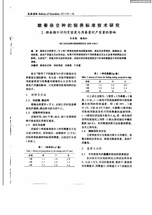 雄蚕杂交种的饲养标准技术研究  2.稚蚕期不同饲育密度与用桑量对产茧量的影响