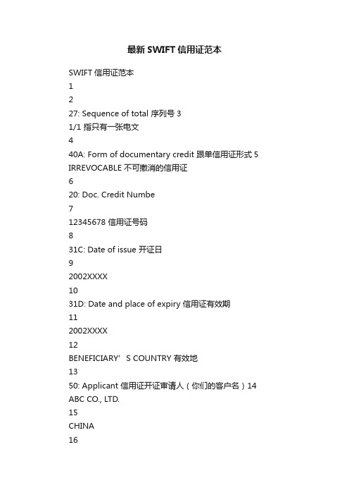 最新SWIFT信用证范本