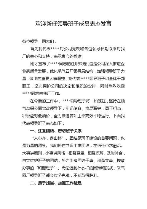 欢迎新任领导班子成员表态发言