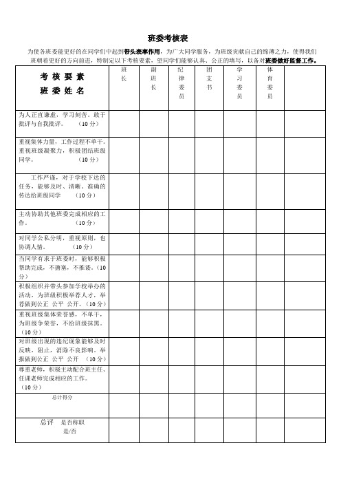 班委 班干部 评价表  标准