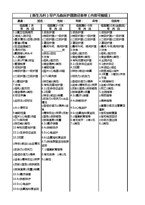 (新生儿科)早产儿临床护理路径表单(内容可编辑)