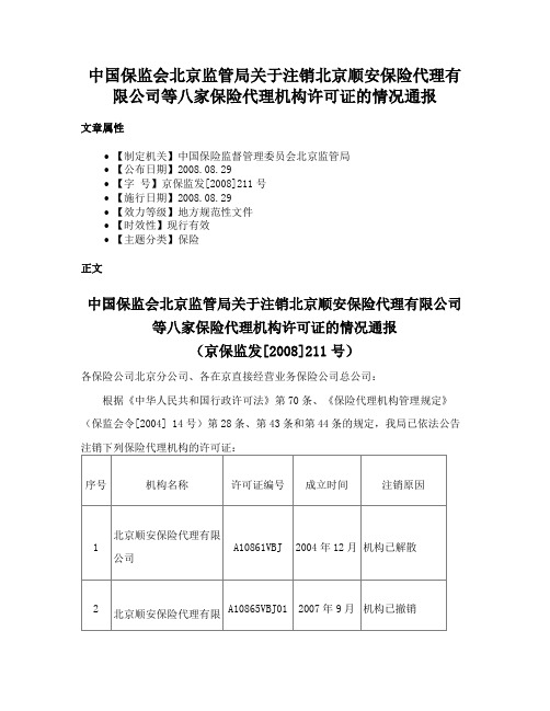 中国保监会北京监管局关于注销北京顺安保险代理有限公司等八家保险代理机构许可证的情况通报