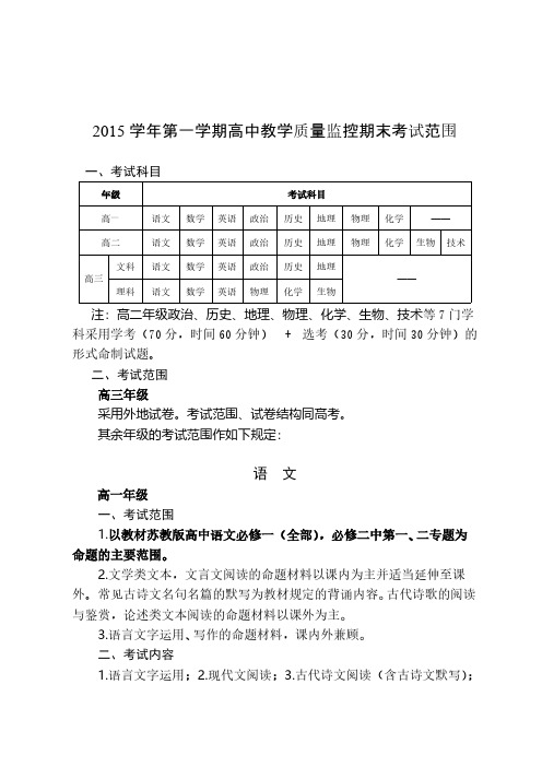 [vip专享]2015学年第一学期高中教学质量监控期末考试范围