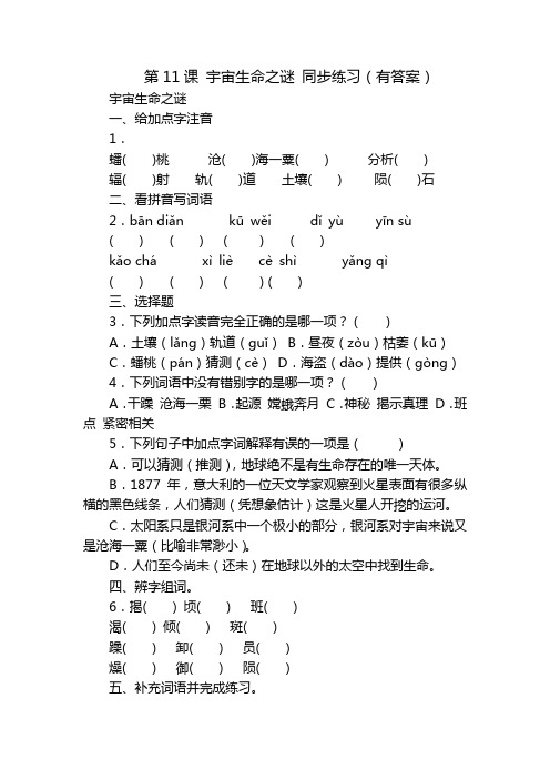 第11课 宇宙生命之谜 同步练习(有答案)