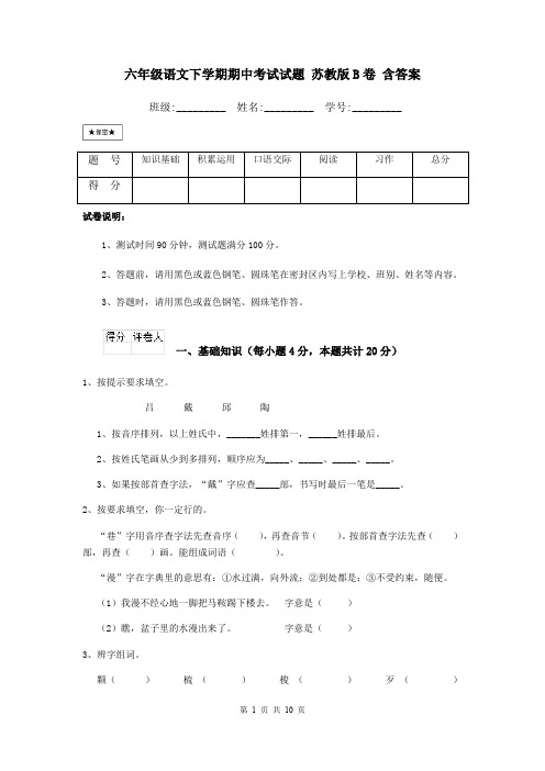 六年级语文下学期期中考试试题 苏教版B卷 含答案