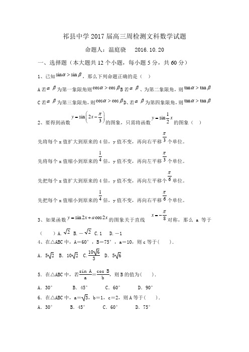 祁县中学2017届高三周检测文科数学试2