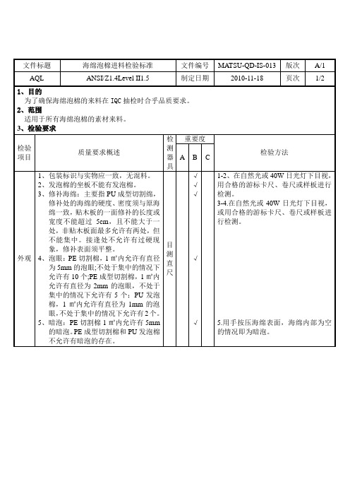 海棉泡棉进料检验标准