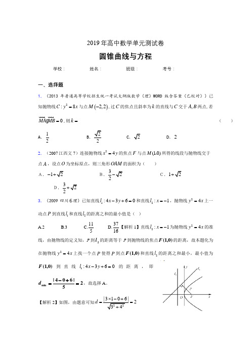 最新2020高考数学《圆锥曲线方程》专题训练完整考题(含标准答案)