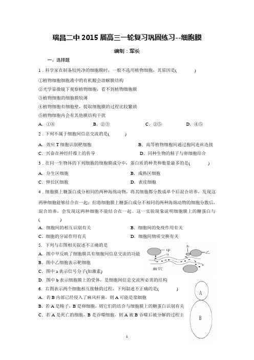 瑞昌二中2015届高三一轮复习巩固练习(细胞膜)