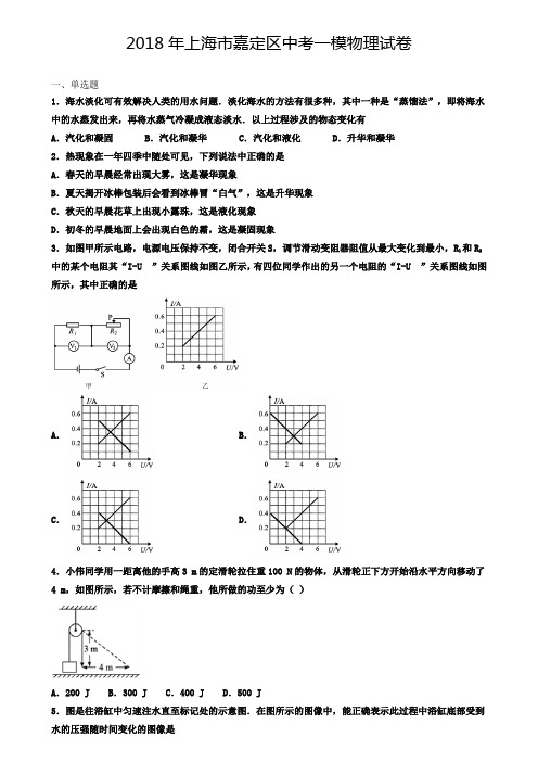 (三年试卷合集)2018-2020年上海市嘉定区中考一模物理试卷_(解析版)