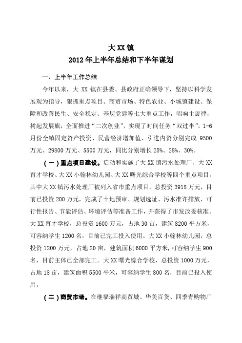 大XX镇2012年上半年工作总结和下半年工作谋划