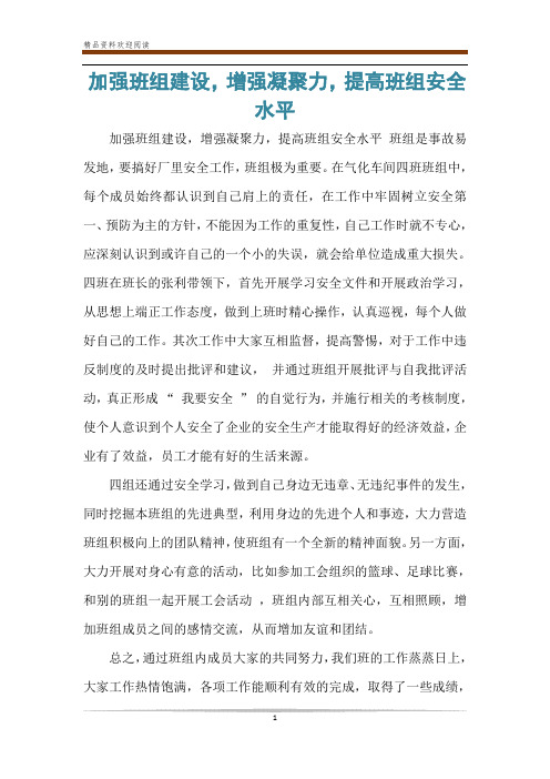 加强班组建设,增强凝聚力,提高班组安全水平