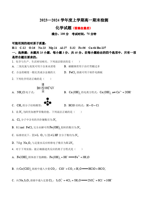 湖北省武汉市2023-2024学年高一上学期1月期末化学试题含答案