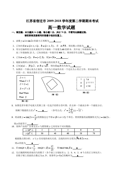 宿迁市2016—2017学年度高一年级第二学期期末考试试题—数学(word文档版) 推荐