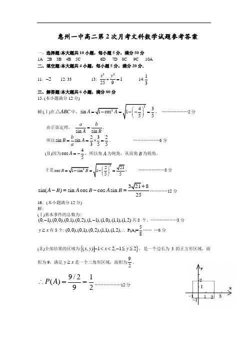 惠州一中高二期中文科数学试题(2011[2].11)参考答案(打印版)