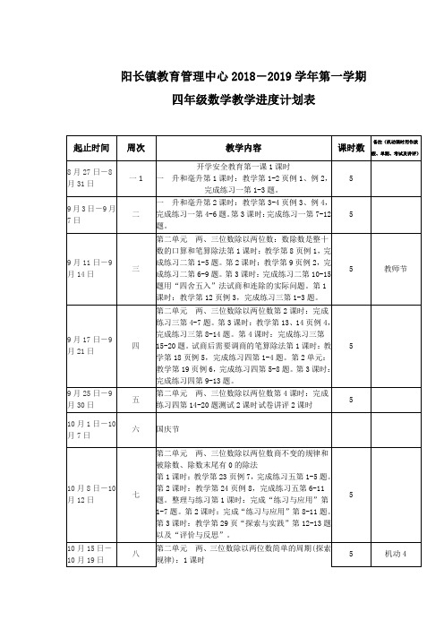 四年级上册数学教学进度表