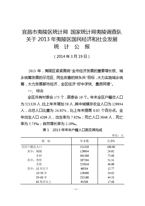 2013年夷陵区国民经济和社会发展统计公报