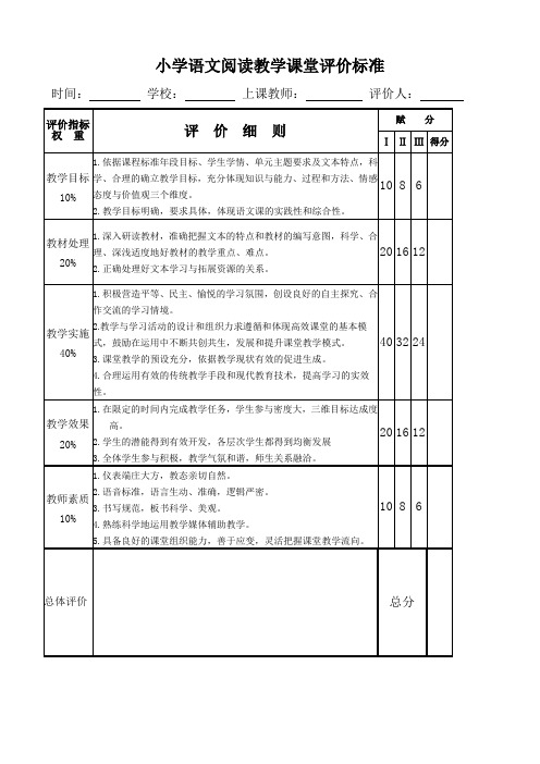 小学语文阅读教学课堂评价标准