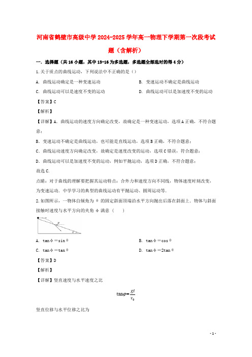 河南省鹤壁市高级中学2024_2025学年高一物理下学期第一次段考试题含解析