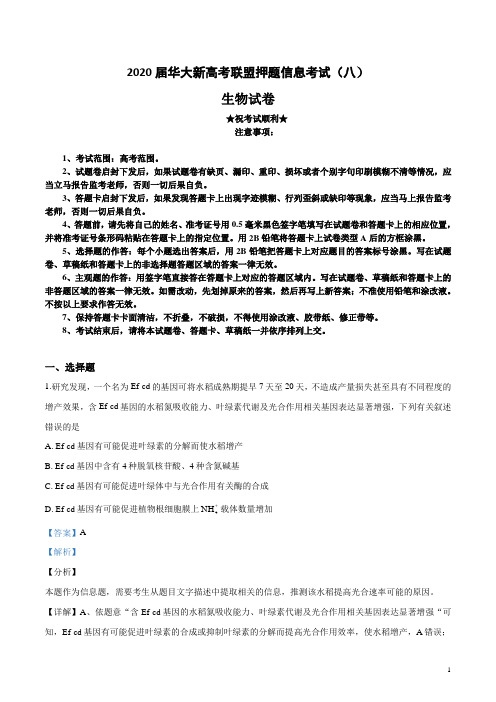 2020届华大新高考联盟押题信息考试(八)生物试卷