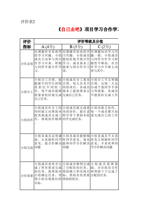 项目学习合作学习评价量规