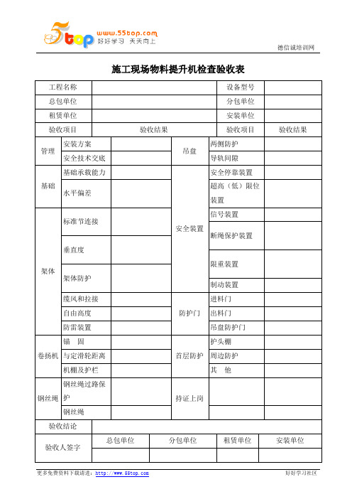 施工现场物料提升机检查验收表