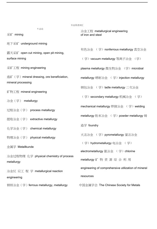 冶金专业英语词汇