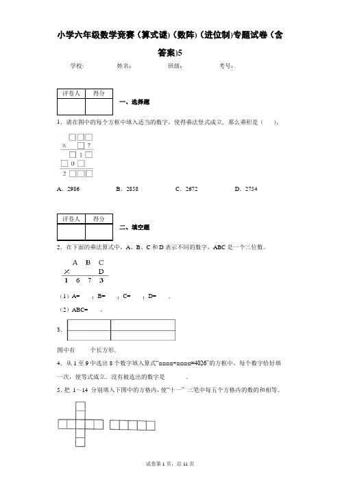 小学六年级数学竞赛(算式谜)(数阵)(进位制)专题试卷(含答案)5