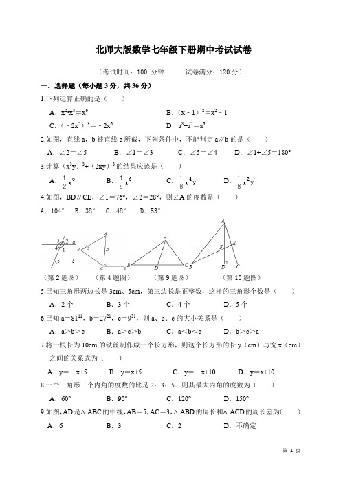 北师大版数学七年级下册期中考试试题含答案