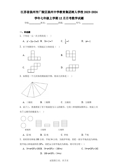 江苏省扬州市广陵区扬州中学教育集团树人学校2023-2024学年七年级上学期12月月考数学试题