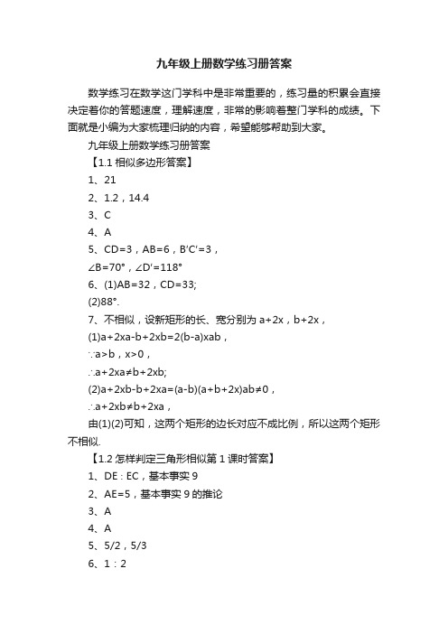 九年级上册数学练习册答案