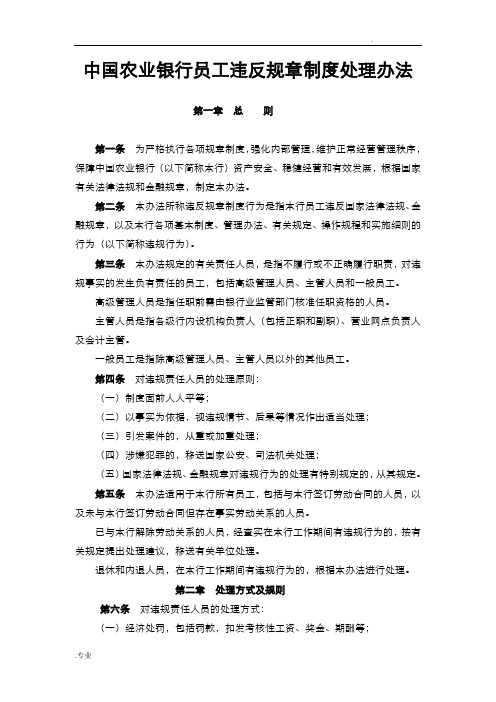 农业银行员工违反规章制度处理办法