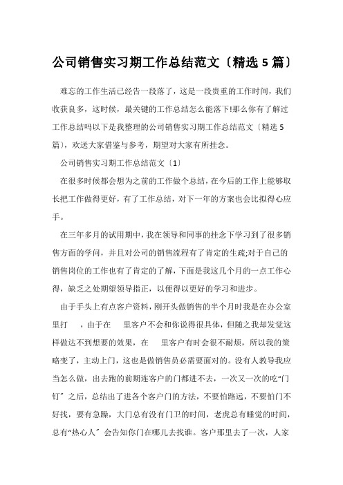 (销售工作总结)公司销售实习期工作总结范文(精选5篇)