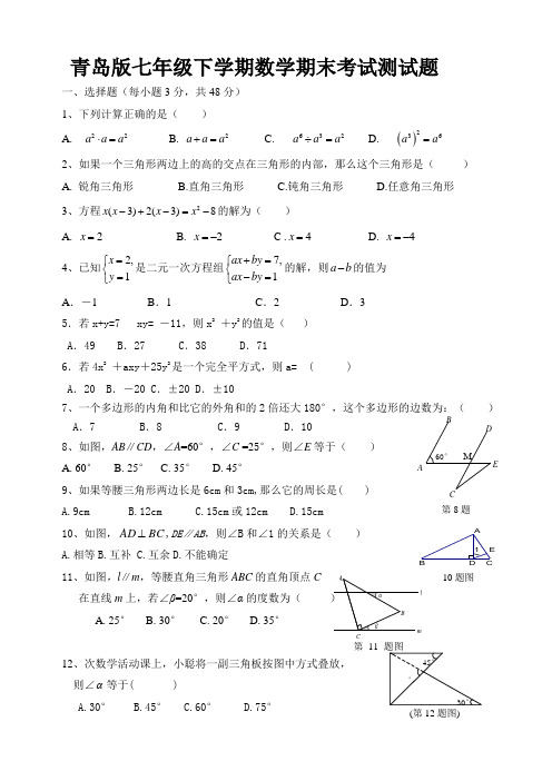 青岛版七年级下学期数学期末考试测试题(1)