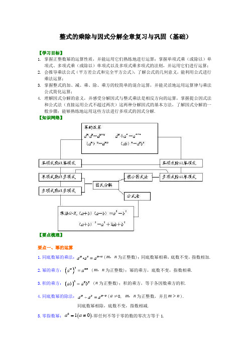 人教版数学八上第24讲整式的乘除与因式分解全章复习与巩固(基础)知识讲解