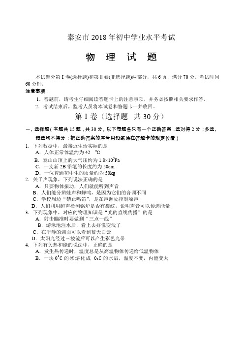 山东省泰安市2018年中考物理试题(含答案)