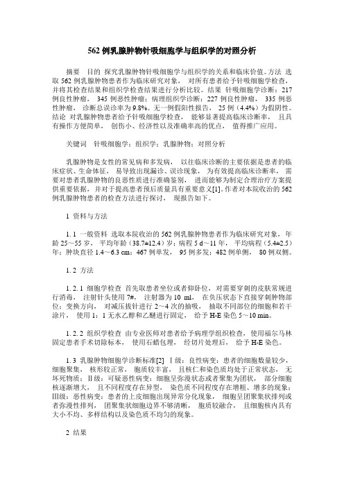 562例乳腺肿物针吸细胞学与组织学的对照分析