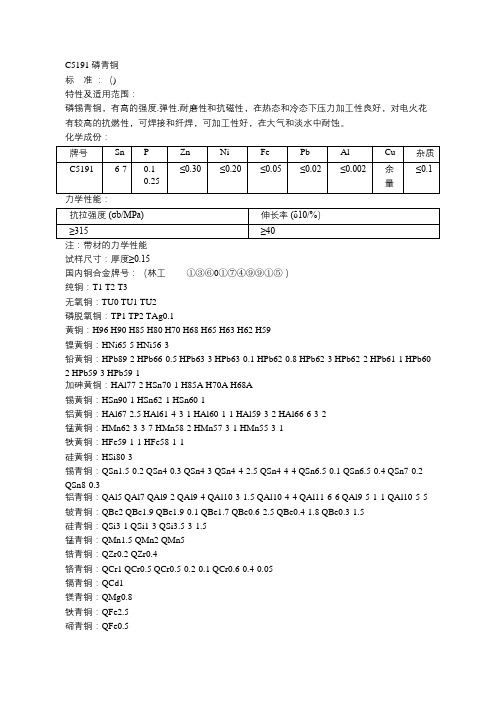 C5191磷青铜机械性能参数